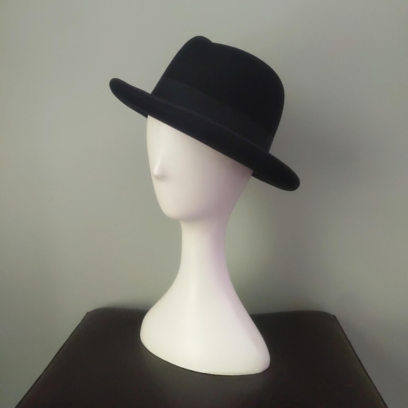 Rare! Vintage Barlesoni Black Fur Felt Feather Fedora Hat 7 56 with Box - Picture 2 of 9